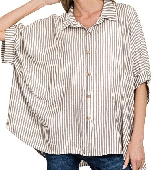 Woven Stripe Button Down Boxy Top