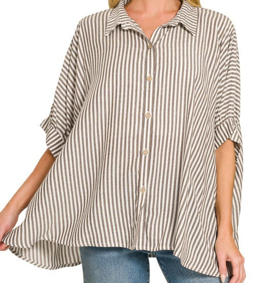 Woven Stripe Button Down Boxy Top