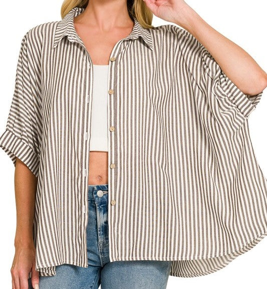 Woven Stripe Button Down Boxy Top