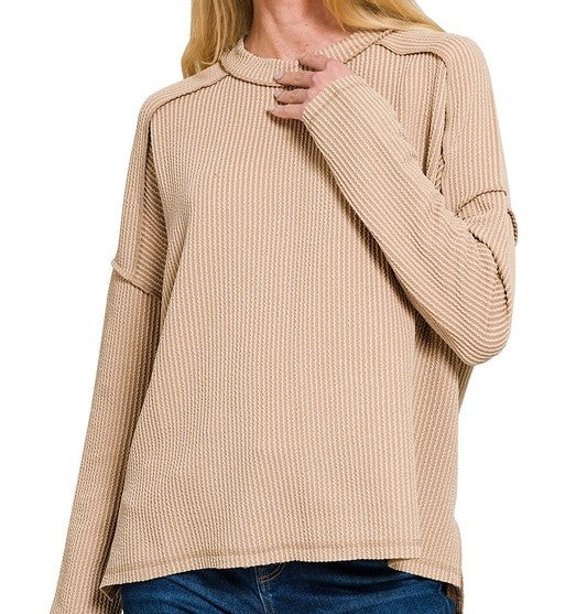 Rib Boat Neck Long Sleeve Top