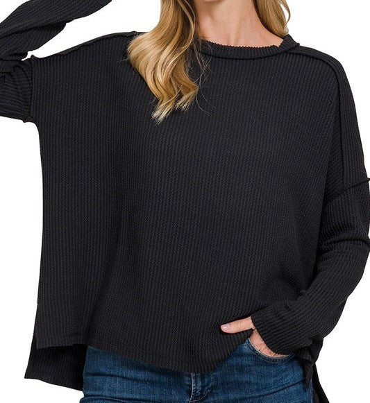 Rib Boat Neck Long Sleeve Top