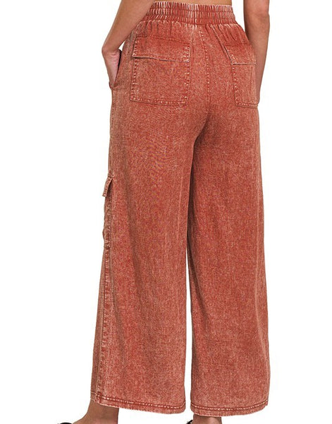 Washed Linen Elastic Band Waist Cargo Pants