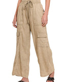 Washed Linen Elastic Band Waist Cargo Pants