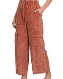 Washed Linen Elastic Band Waist Cargo Pants