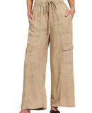 Washed Linen Elastic Band Waist Cargo Pants