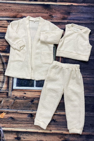 Kids Sherpa Cream Cardigan & Top & Pant 3pcs Set
