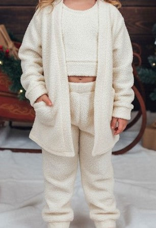 Kids Sherpa Cream Cardigan & Top & Pant 3pcs Set