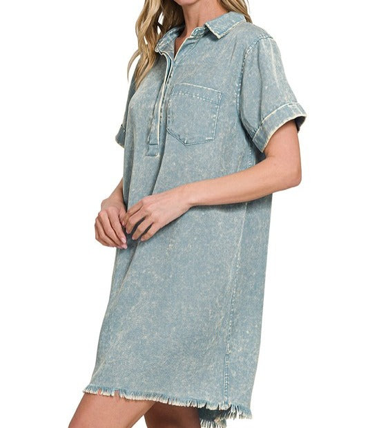Mineral Washed Collared Shirt Dress