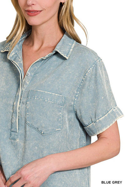 Mineral Washed Collared Shirt Dress