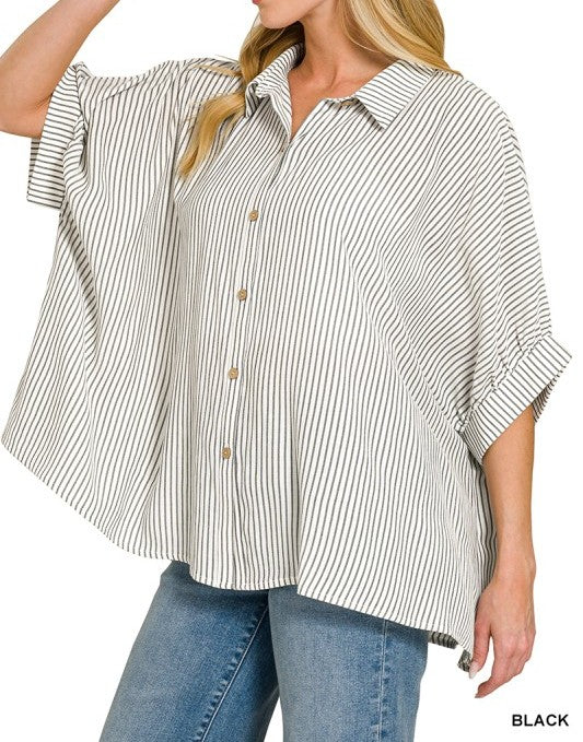 Woven Stripe Button Down Boxy Top