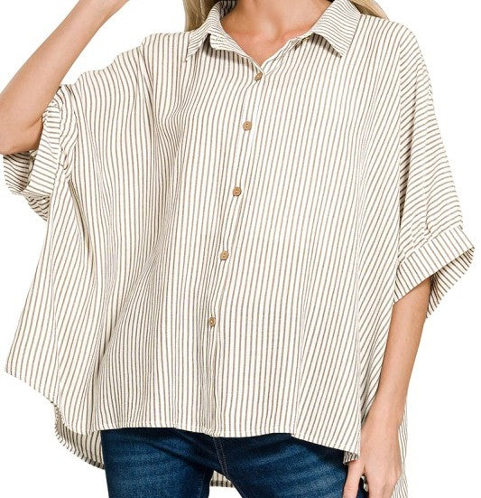Woven Stripe Button Down Boxy Top