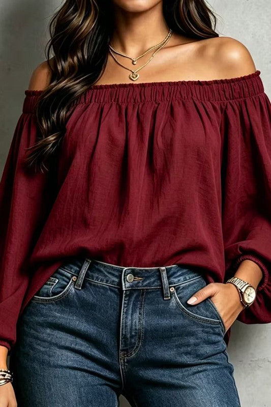 Womens Off Shoulder Lantern Sleeve Pullover Top