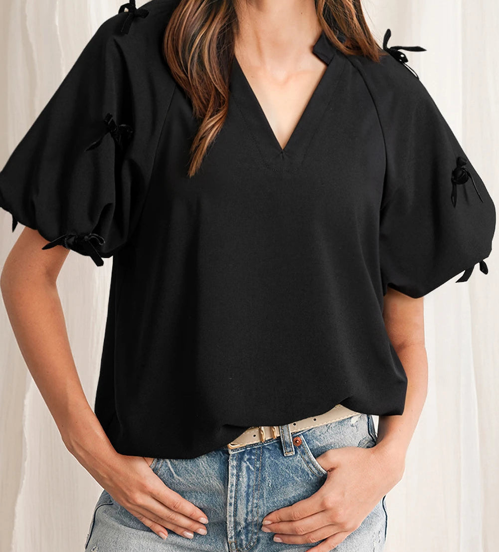 Black Bow Puff Sleeve Top