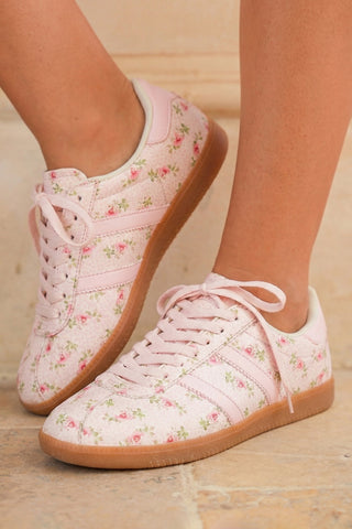 Pink Floral Lace-up Shoes