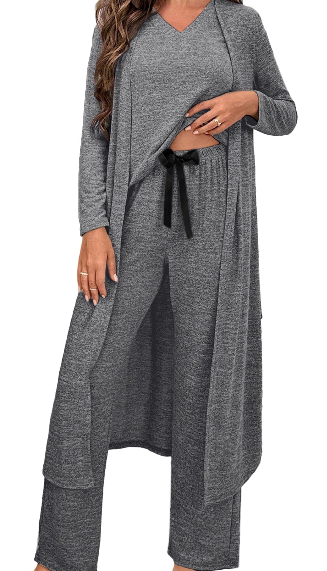 T Shirt, Ribbon Knot Pants, Open Duster Lounge Set