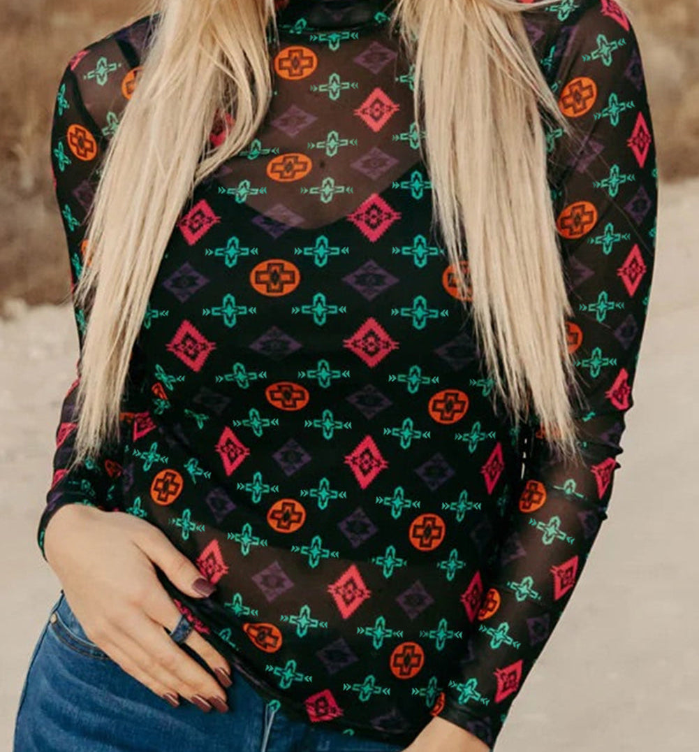 Aztec Printed Mesh Top