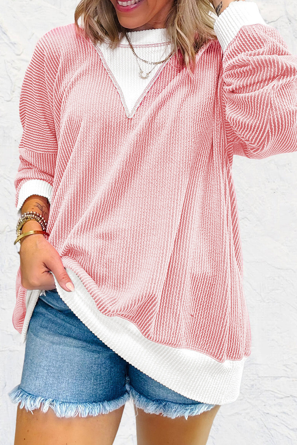 Corded Colorblock Drop Shoulder Top