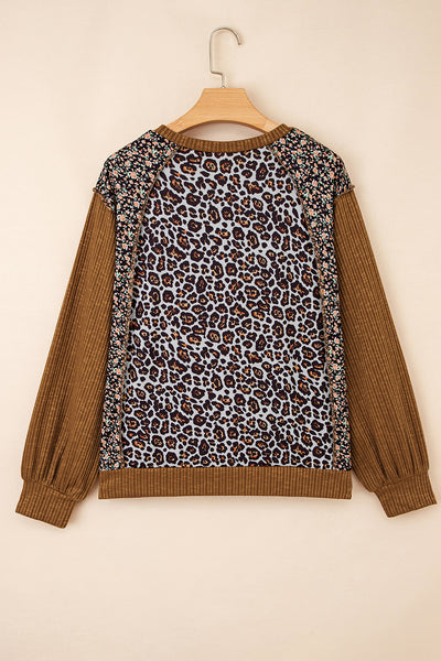 Leopard Floral Print  Puff Sleeve Top