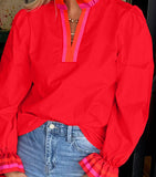 Fiery Striped Trim Ruffle Blouse