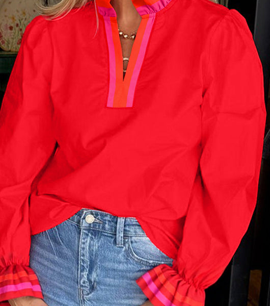 Fiery Striped Trim Ruffle Blouse