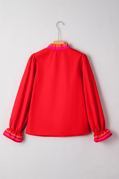 Fiery Striped Trim Ruffle Blouse