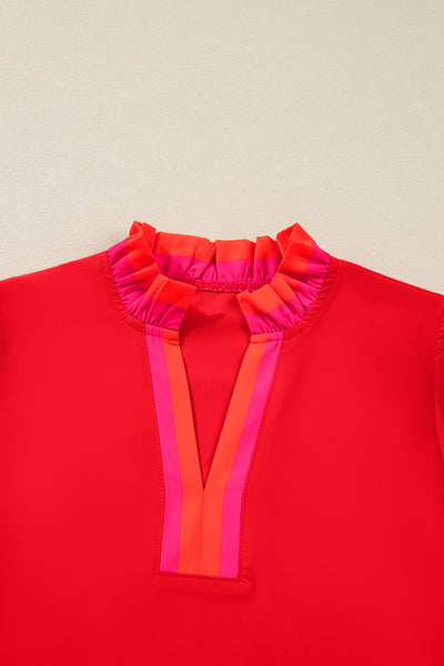 Fiery Striped Trim Ruffle Blouse