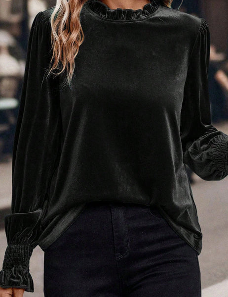 Frilled Collared Velvet Blouse