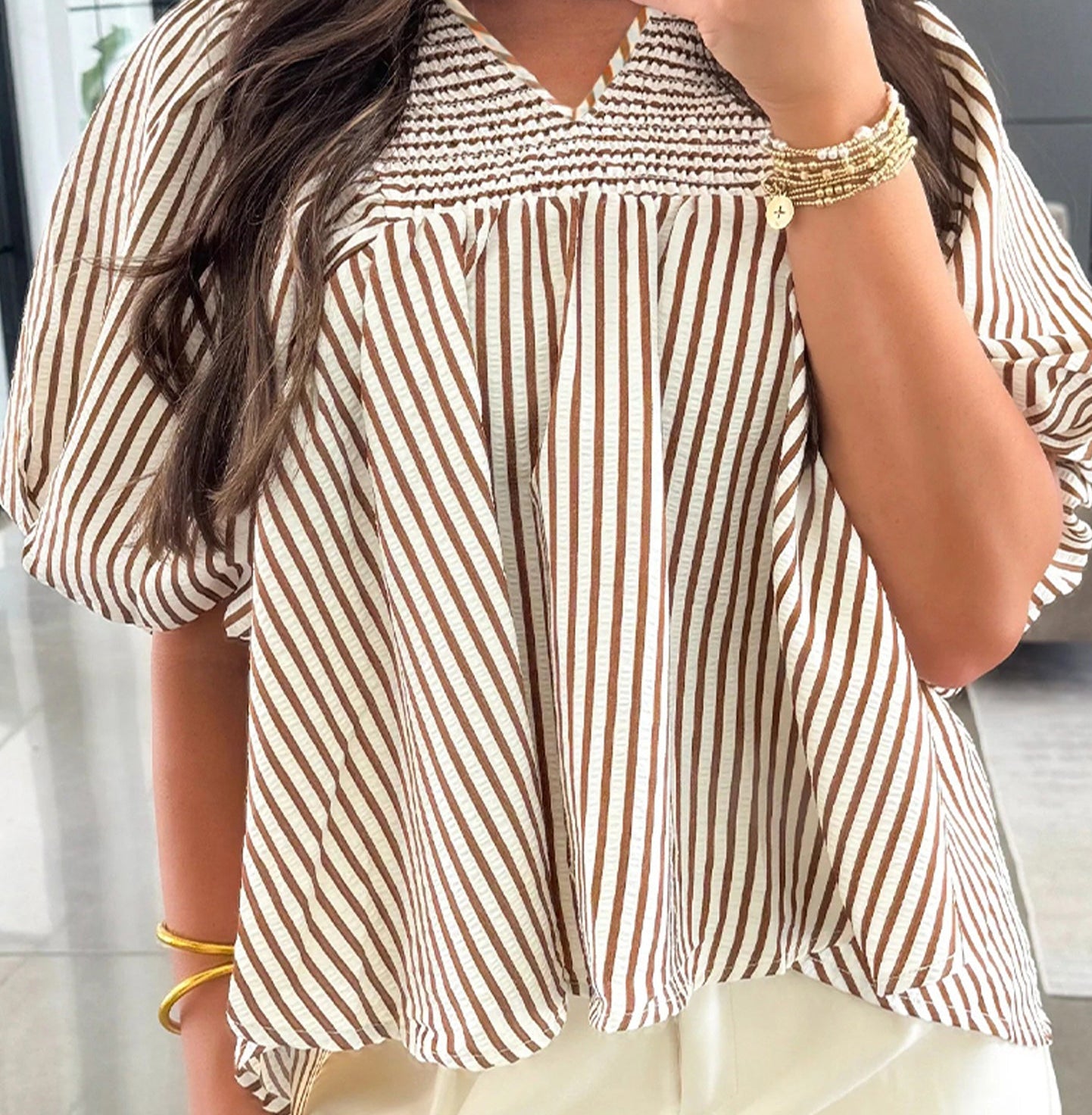Stripe Shirred Puff Sleeve Blouse