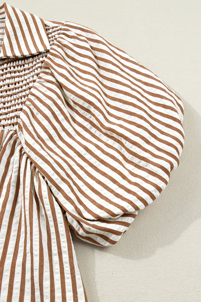 Stripe Shirred Puff Sleeve Blouse