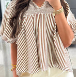 Stripe Shirred Puff Sleeve Blouse