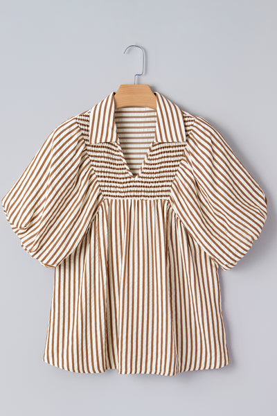 Stripe Shirred Puff Sleeve Blouse