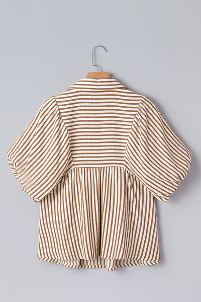 Stripe Shirred Puff Sleeve Blouse