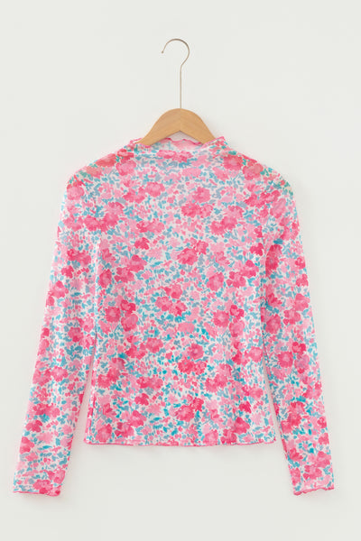 Pink Floral Mesh Long Sleeve Top