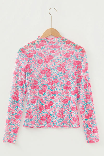 Pink Floral Mesh Long Sleeve Top