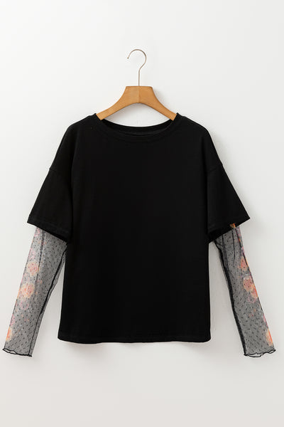 Black Faux Two Piece Floral Patchwork Tee