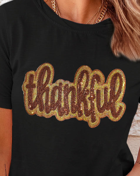 Black Sequined Thankful Tee