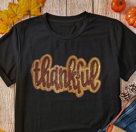 Black Sequined Thankful Tee