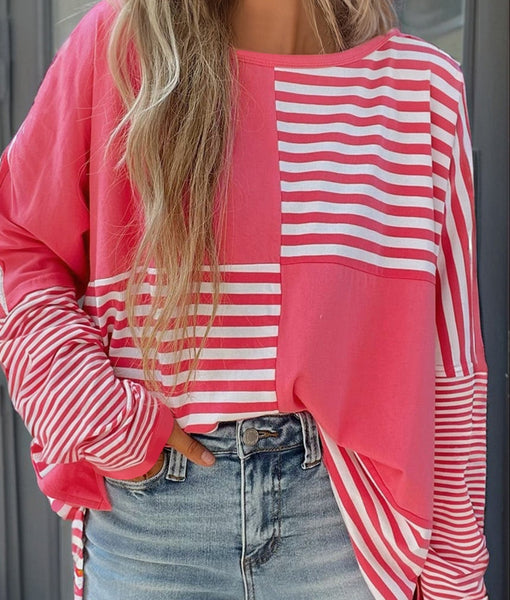 Pink Stripe Color Block Patchwork Tunic Top