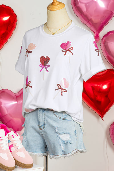 Sequin Bow Heart Valentines Day Tee