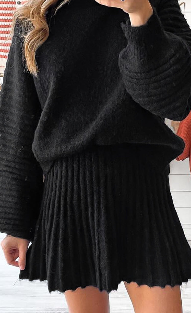Black Puff Sleeve Sweater Pleated Mini Skirt 2pcs Outfit