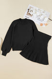 Black Puff Sleeve Sweater Pleated Mini Skirt 2pcs Outfit