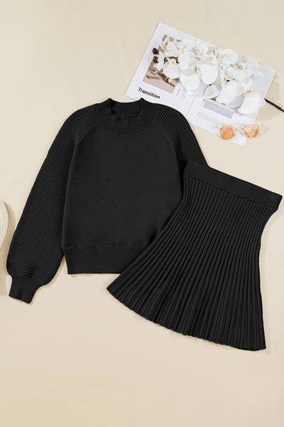 Black Puff Sleeve Sweater Pleated Mini Skirt 2pcs Outfit