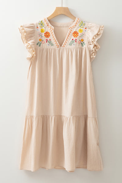 Linen Embroidery Flowy Short Dress