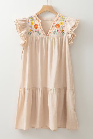 Linen Embroidery Flowy Short Dress