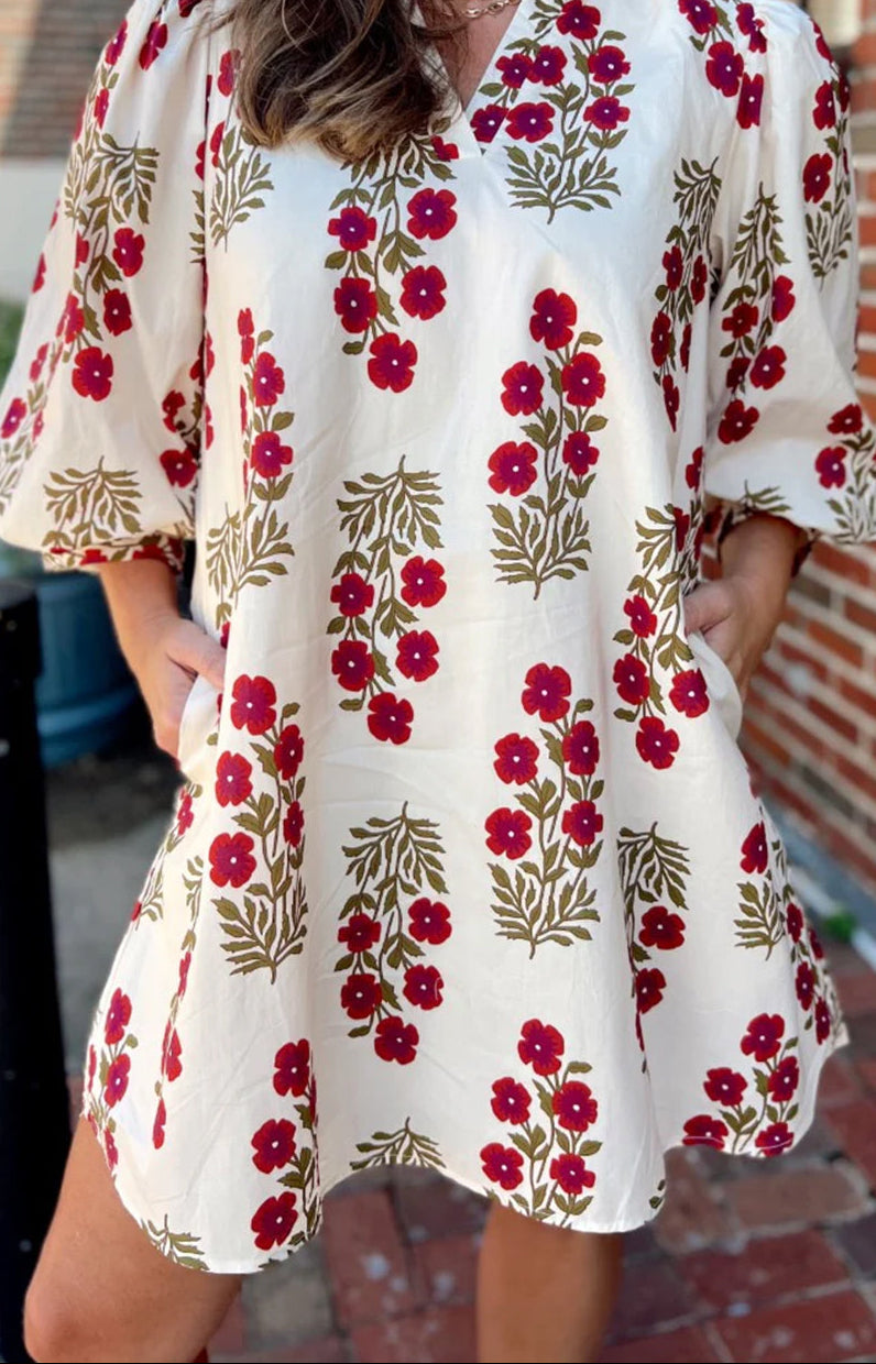 Floral Print 3/4 Sleeve Loose Mini Dress