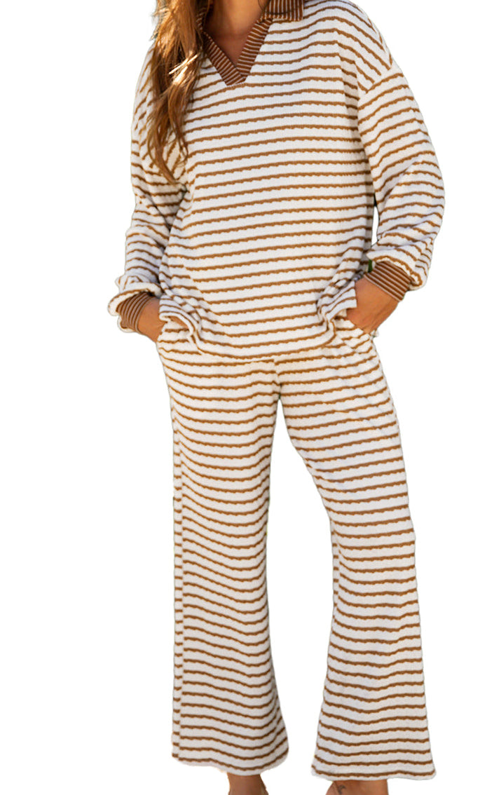 Khaki Stripe Collared Pullover Top & Pant Set