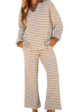 Khaki Stripe Collared Pullover Top & Pant Set