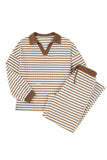 Khaki Stripe Collared Pullover Top & Pant Set