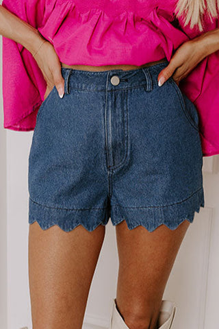 Scalloped High Waist Denim Shorts