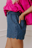Scalloped High Waist Denim Shorts